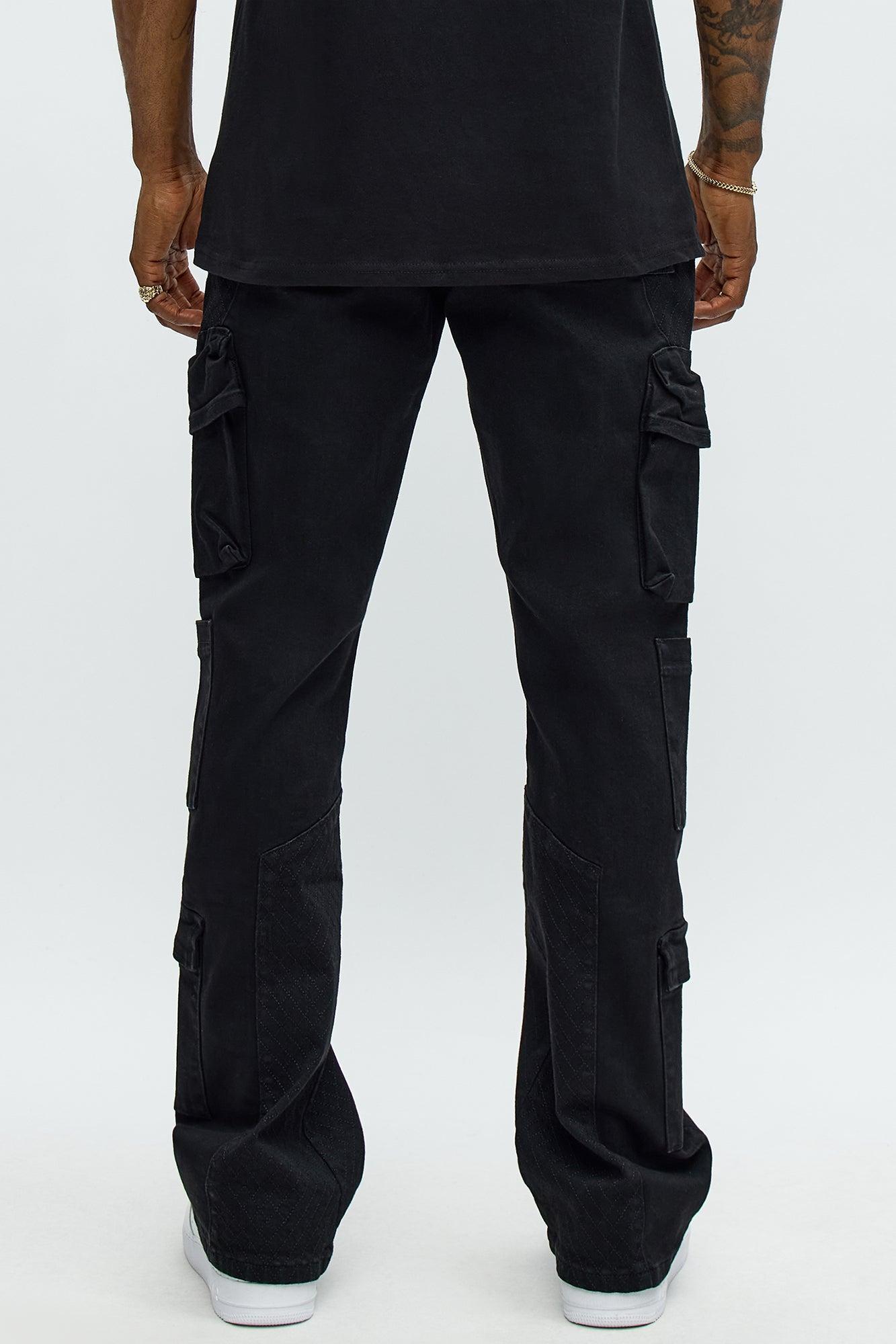 Stacked Slim Flare Rebel Stitch Cargo Jeans - Black Product Image