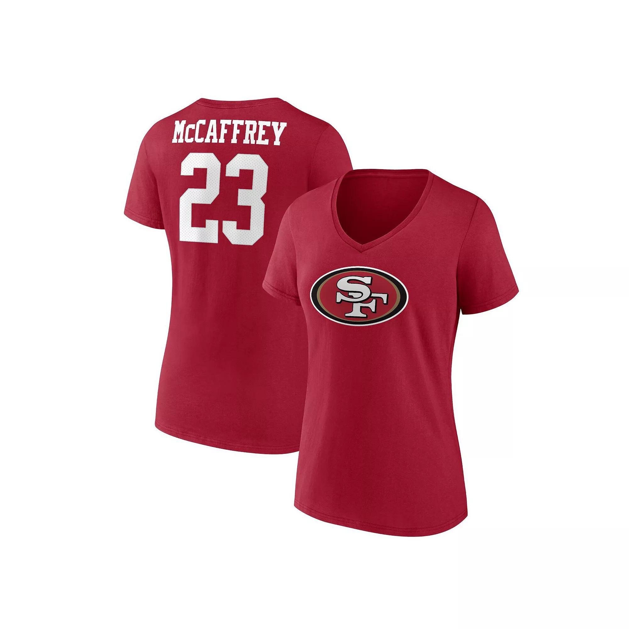 Women's Fanatics Branded Christian McCaffrey  Scarlet San Francisco 49ers Player Icon Name & Number V-Neck T-Shirt, Size: Small, Red Product Image