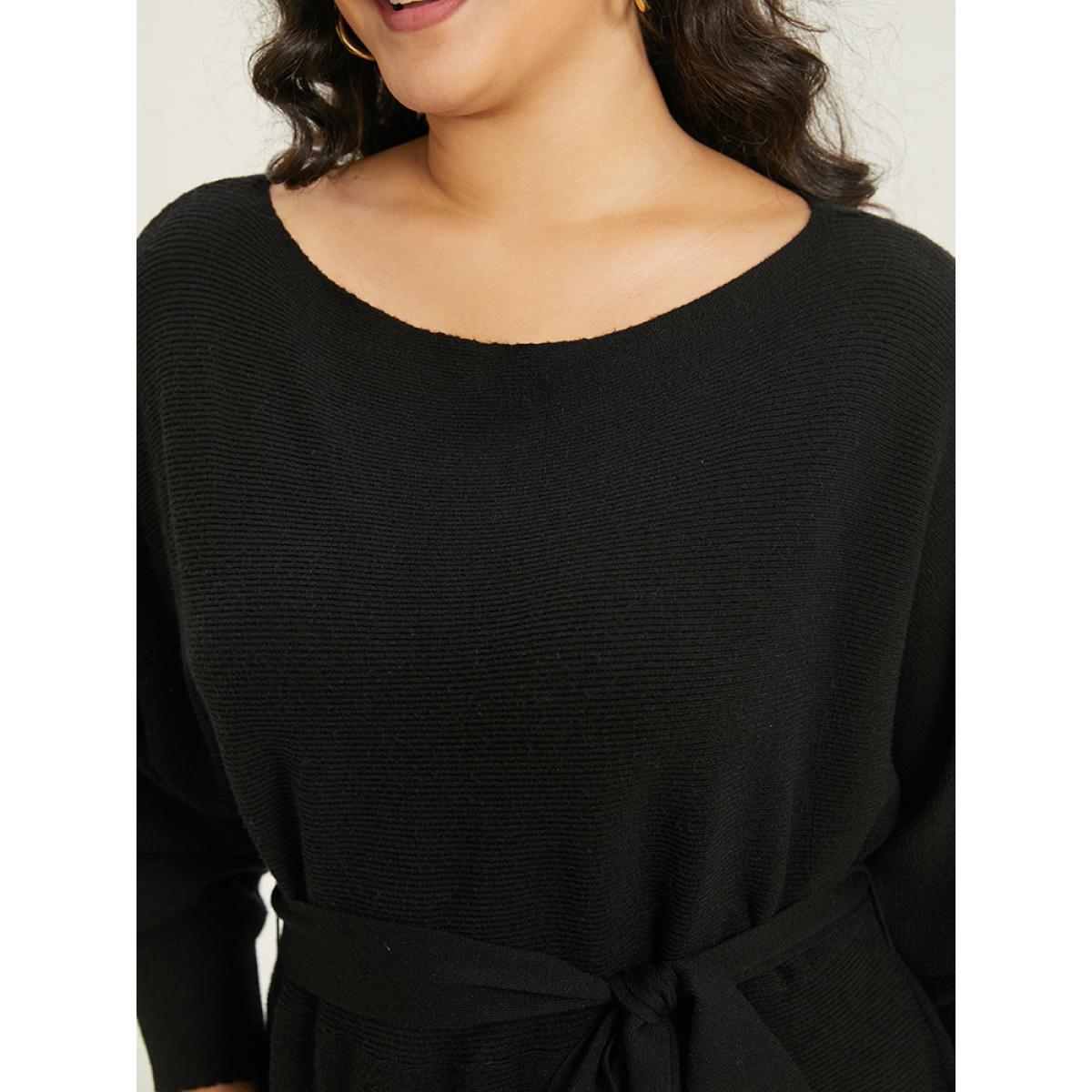 Plus Size Supersoft Essentials Boat Neck Belted Sweater Dress Black Women Casual Long Sleeve Everyday Sweater Dresses BloomChic 12/L Product Image