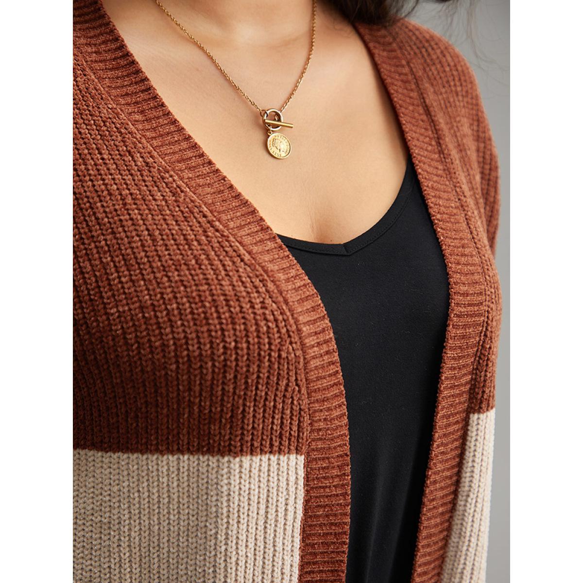Plus Size Open Front Colorblock Patched Pocket Cardigan Multicolor Women Casual Loose Long Sleeve Dailywear Cardigans BloomChic 10/M Product Image