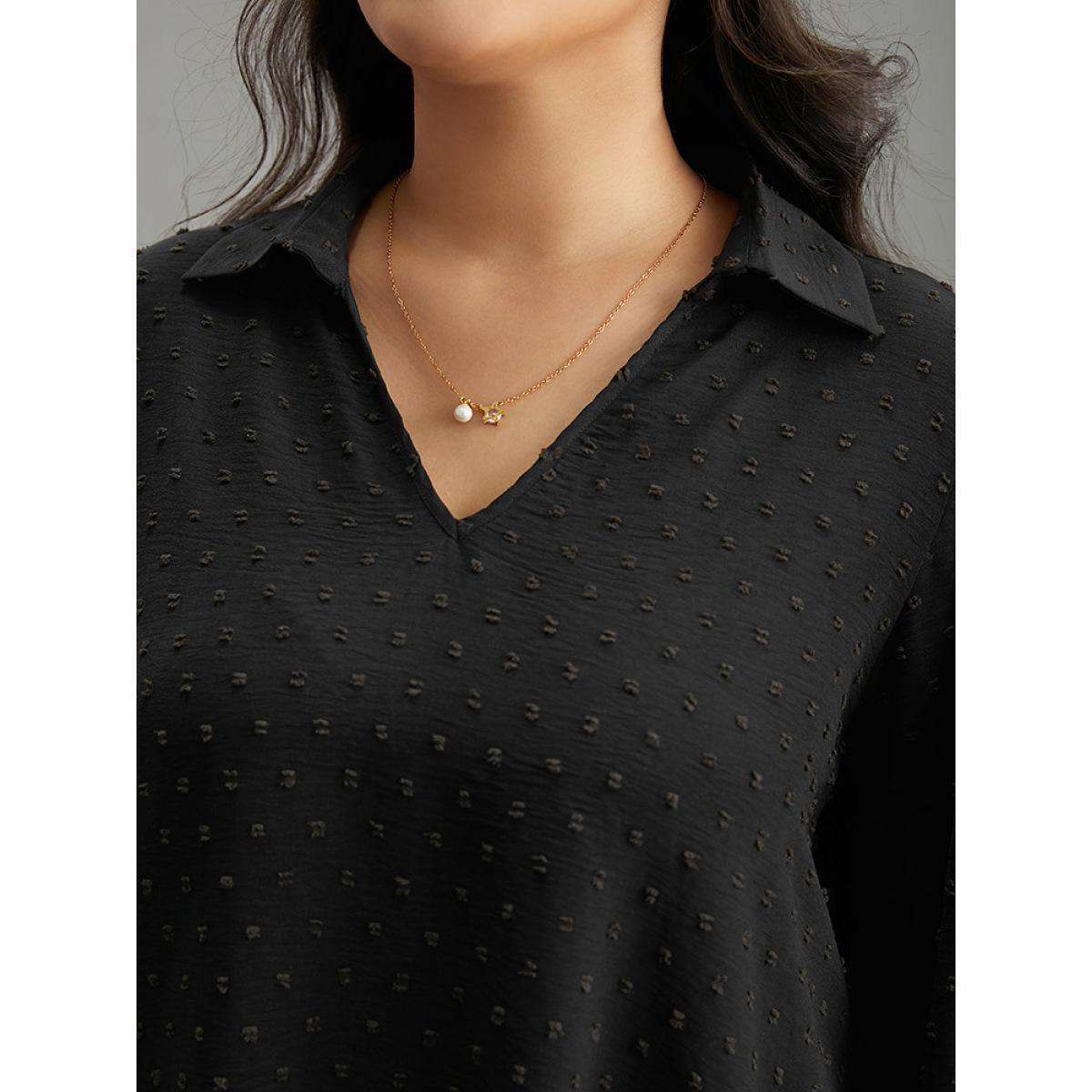 Plus Size Black Plisse Polka Dot Elastic Cuffs Blouse Women Office Elbow-length sleeve Shirt collar Work Blouses BloomChic 18-20/2X Product Image