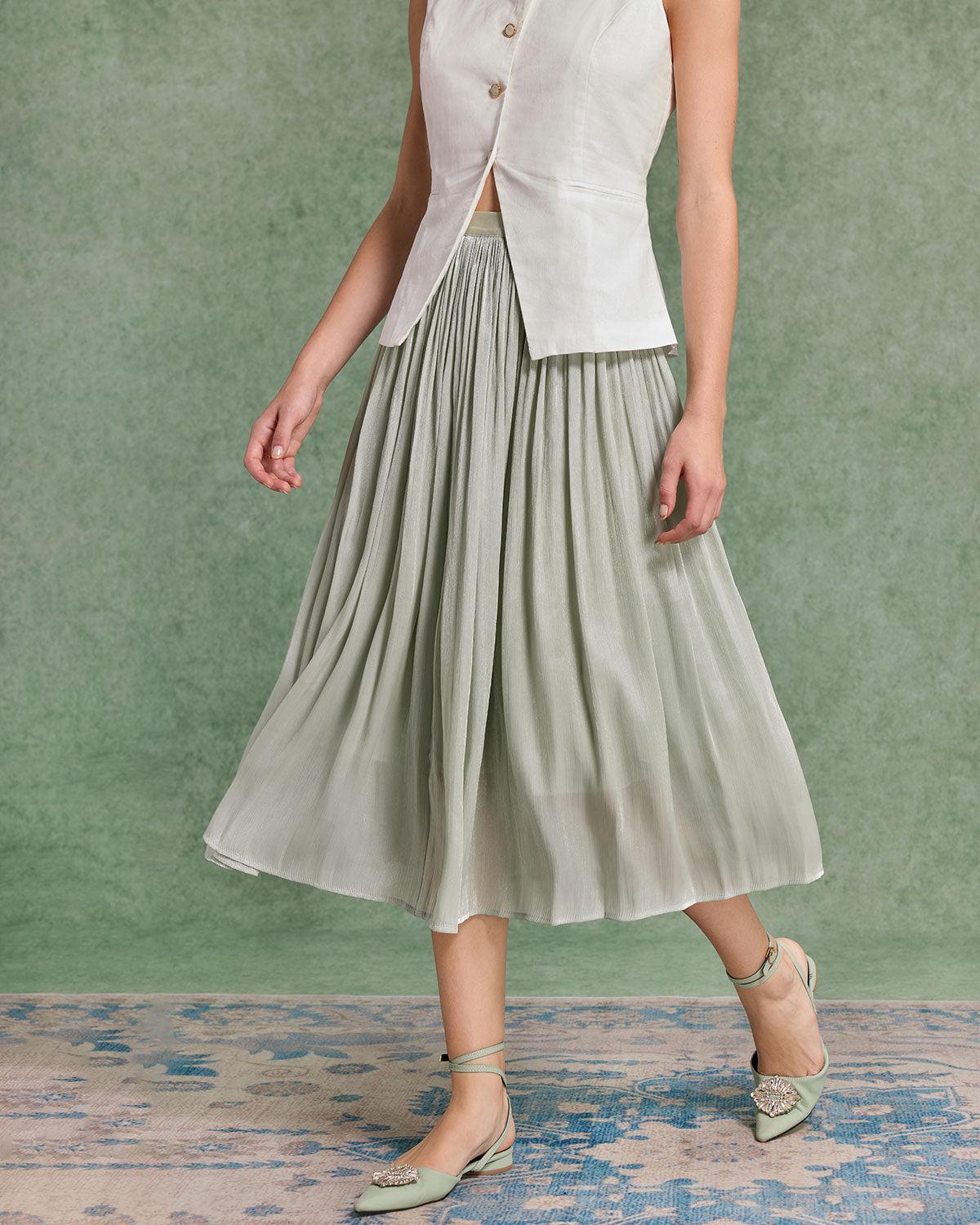 Green Ruched Flowy Pleated Midi Skirt Product Image