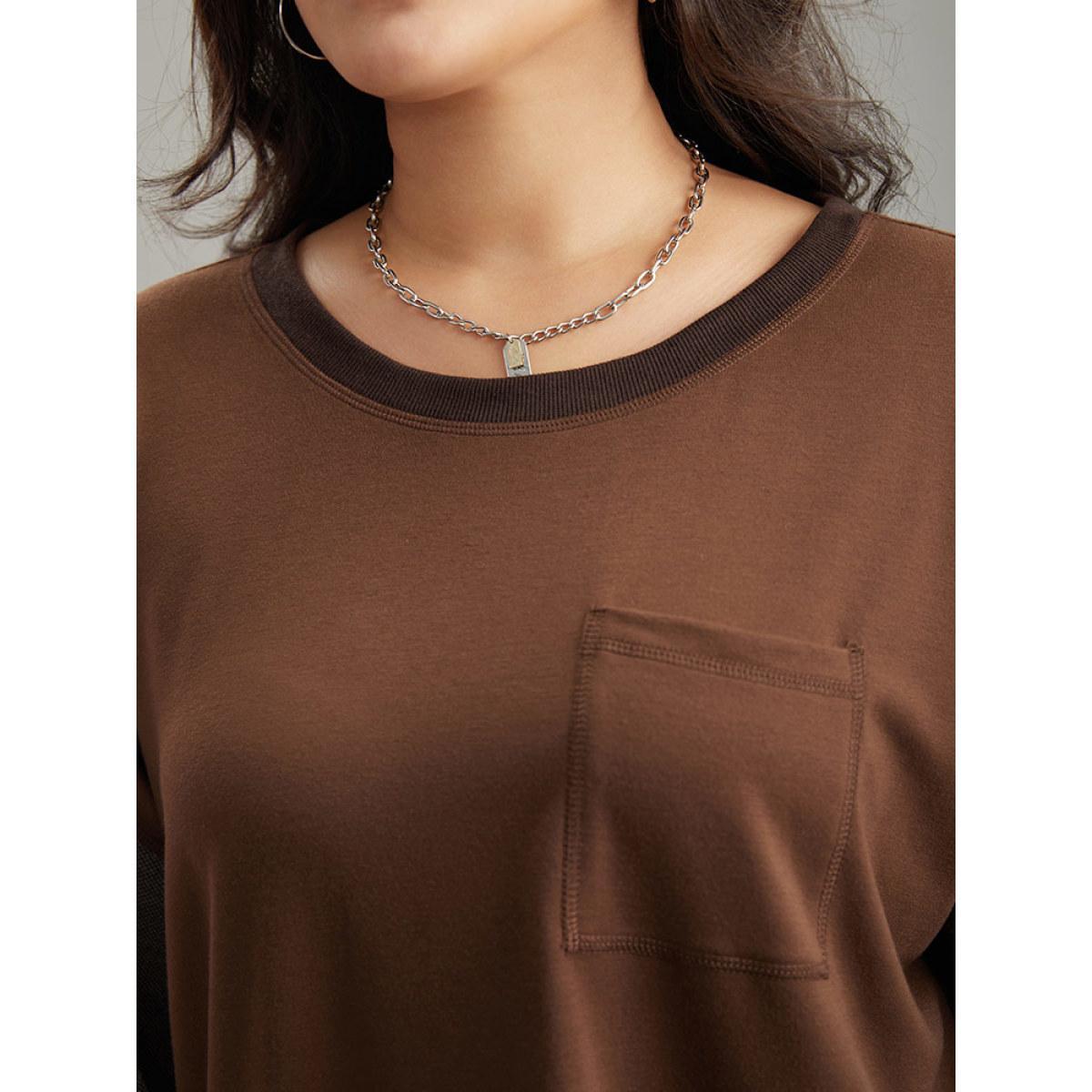 Plus Size Two Tone Patched Pocket Drop Shoulder Sweatshirt Women DarkBrown Casual Elastic cuffs Round Neck Everyday Sweatshirts BloomChic 22-24/3X Product Image