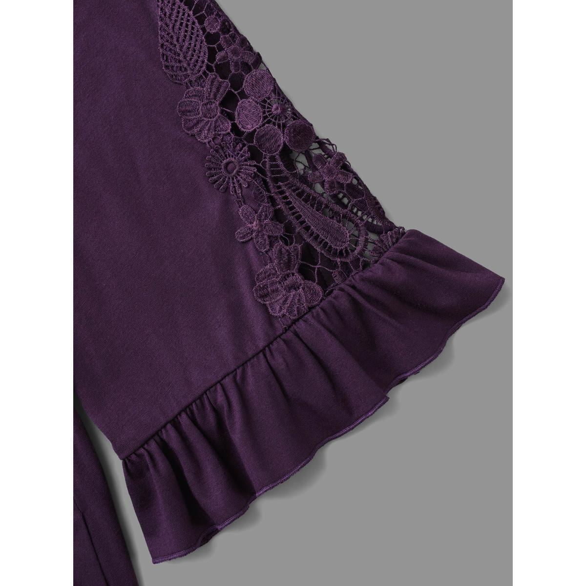 Plus Size V Neck Plain Crochet Lace Mesh Dress Deeppurple Women Elegant Woven ribbon&lace trim Knit Dresses Bloomchic 10/M Product Image