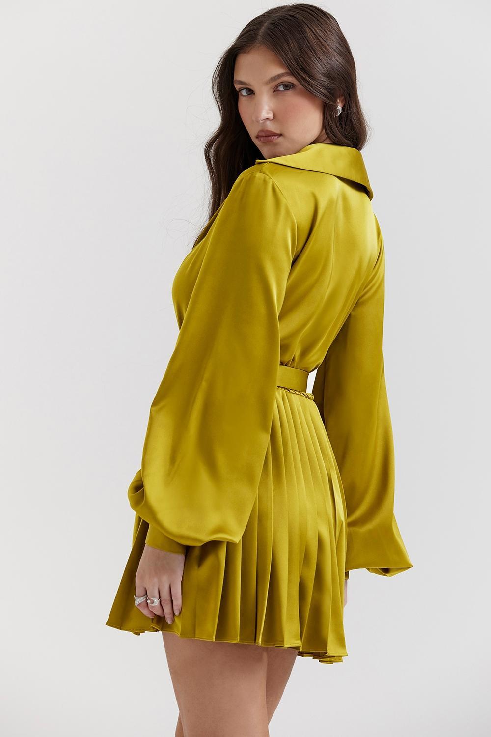 Allegra Chartreuse Pleated Shirt Dress Product Image