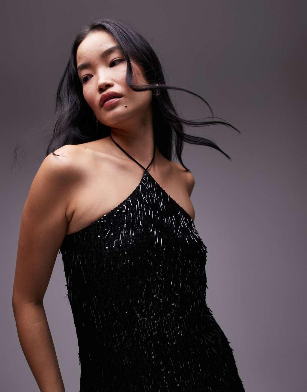 Topshop black needle sequin halter mini dress  Product Image