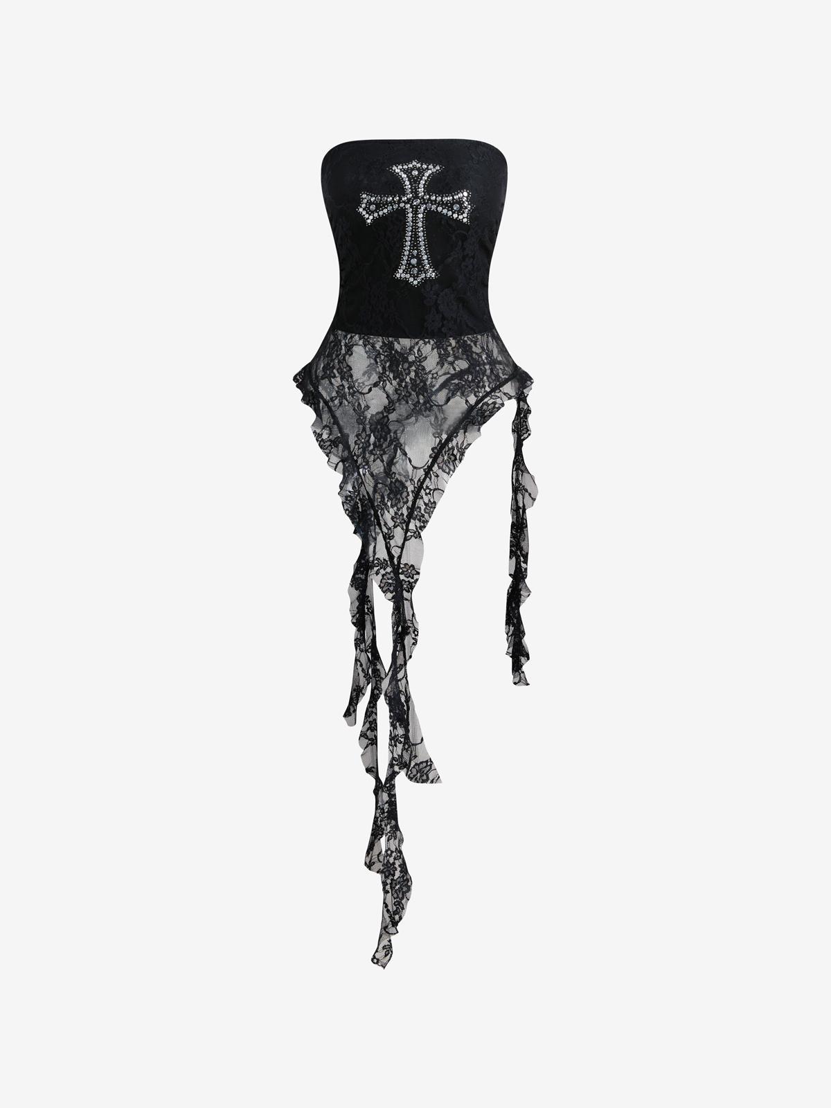 Black Lace Cross Print Strapless Top Product Image