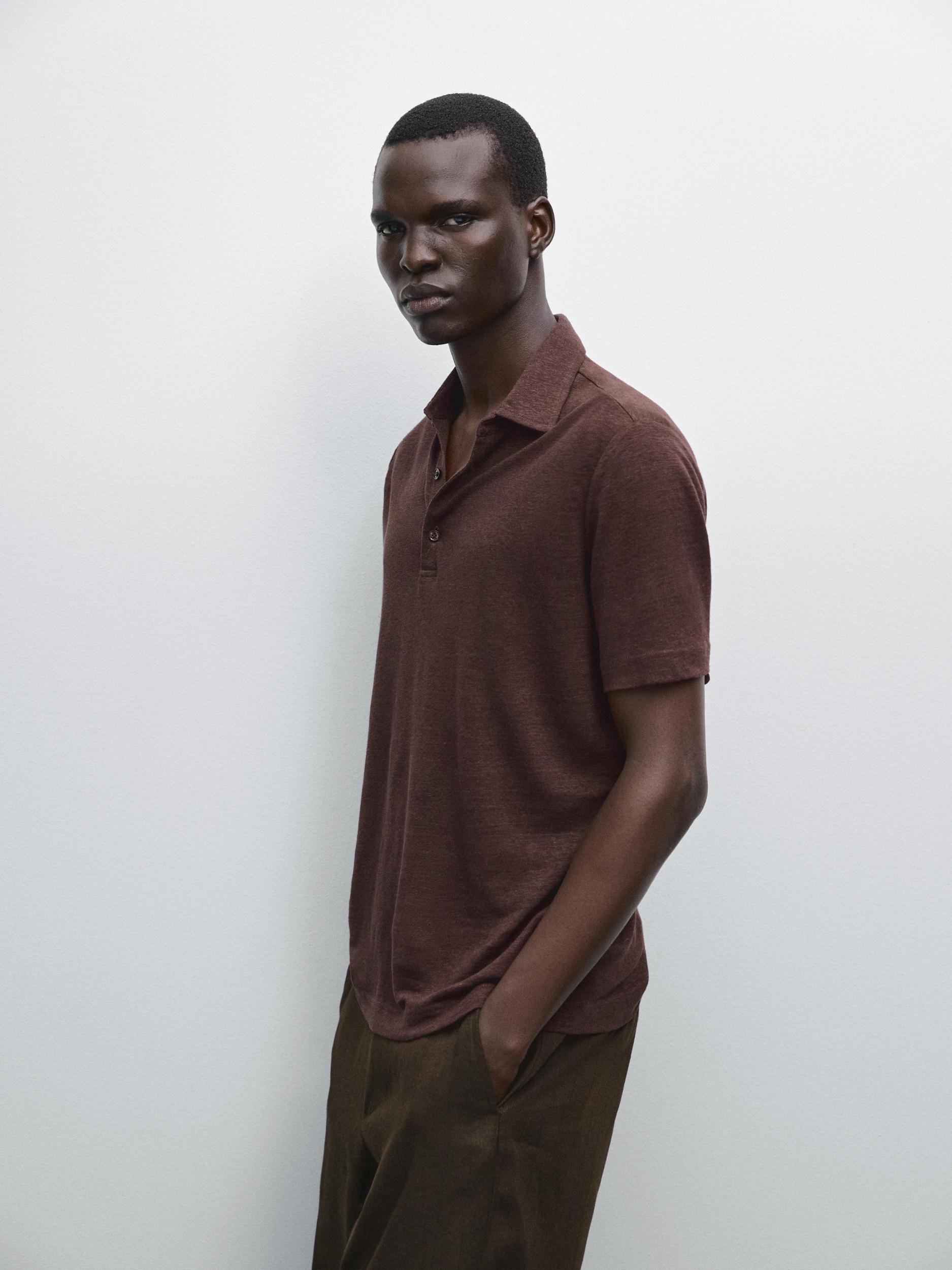 100% linen short sleeve polo shirt Product Image