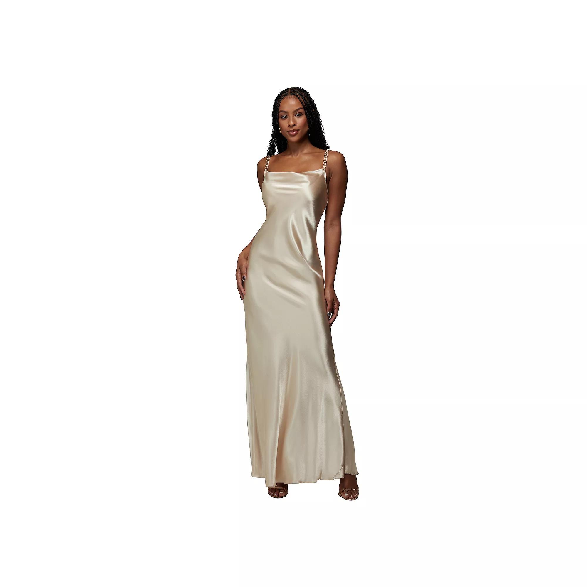 Women's bebe x Ciara Satin Chain Strapped Maxi Slip Dress, Size: Large, Beige Product Image