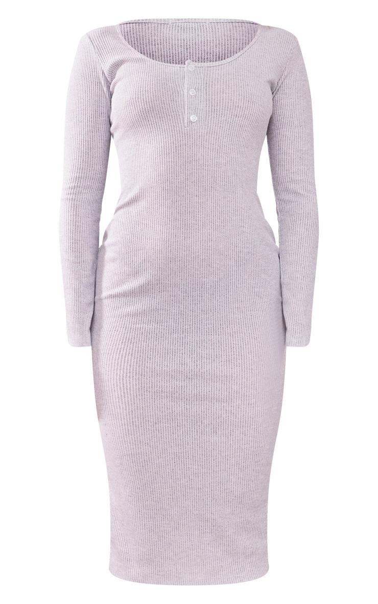 Petite Grey Marl Long Sleeve Brushed Rib Button Detail Midi Dress Product Image