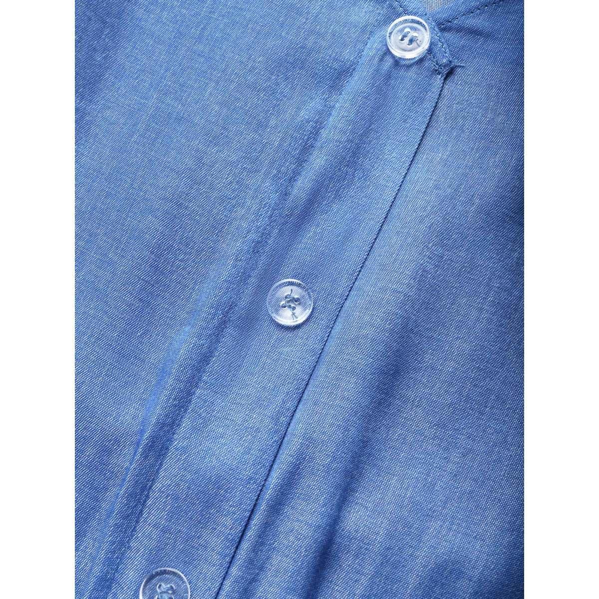 Plus Size Plain Button Detail Layered Hem Ruffle Cap Sleeve Dress Blue Women Casual Non V-neck Cap Sleeve Curvy Midi Dress BloomChic 26/4X Product Image