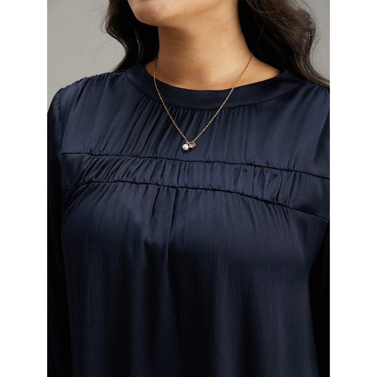 Plus Size Indigo Static-Free Plain Gathered Blouse Women Office Long Sleeve Round Neck Work Blouses BloomChic 22-24/3X Product Image