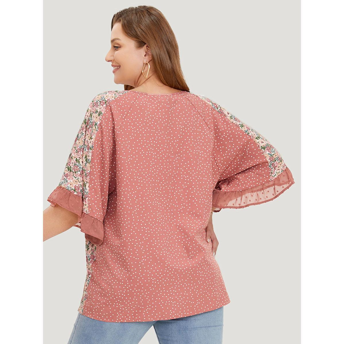 Plus Size Rouge Polka Dot & Ditsy Floral Flounce Sleeve Lace Up Blouse Women Elegant Half Sleeve Tie Neck Dailywear Blouses BloomChic 14-16/1X Product Image