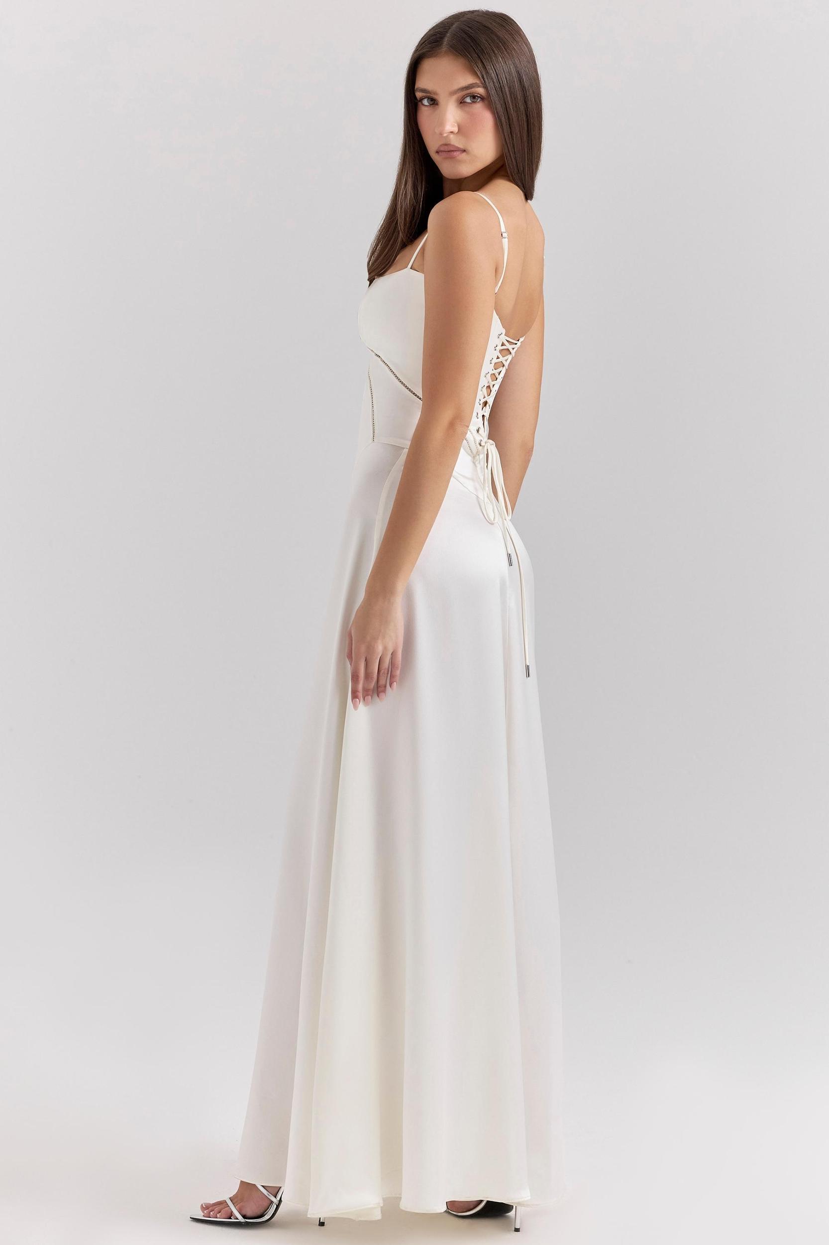 Anabella Ivory Satin Lace Up Maxi Dress Product Image