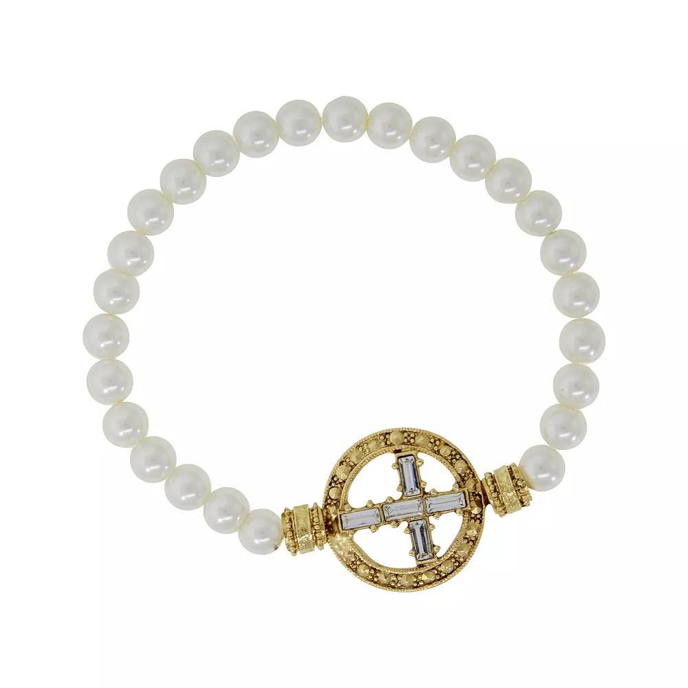 Symbols of Faith Gold Tone Crystal Cross Faux Pearl Stretch Bracelet, Womens, Silver Tone White Product Image