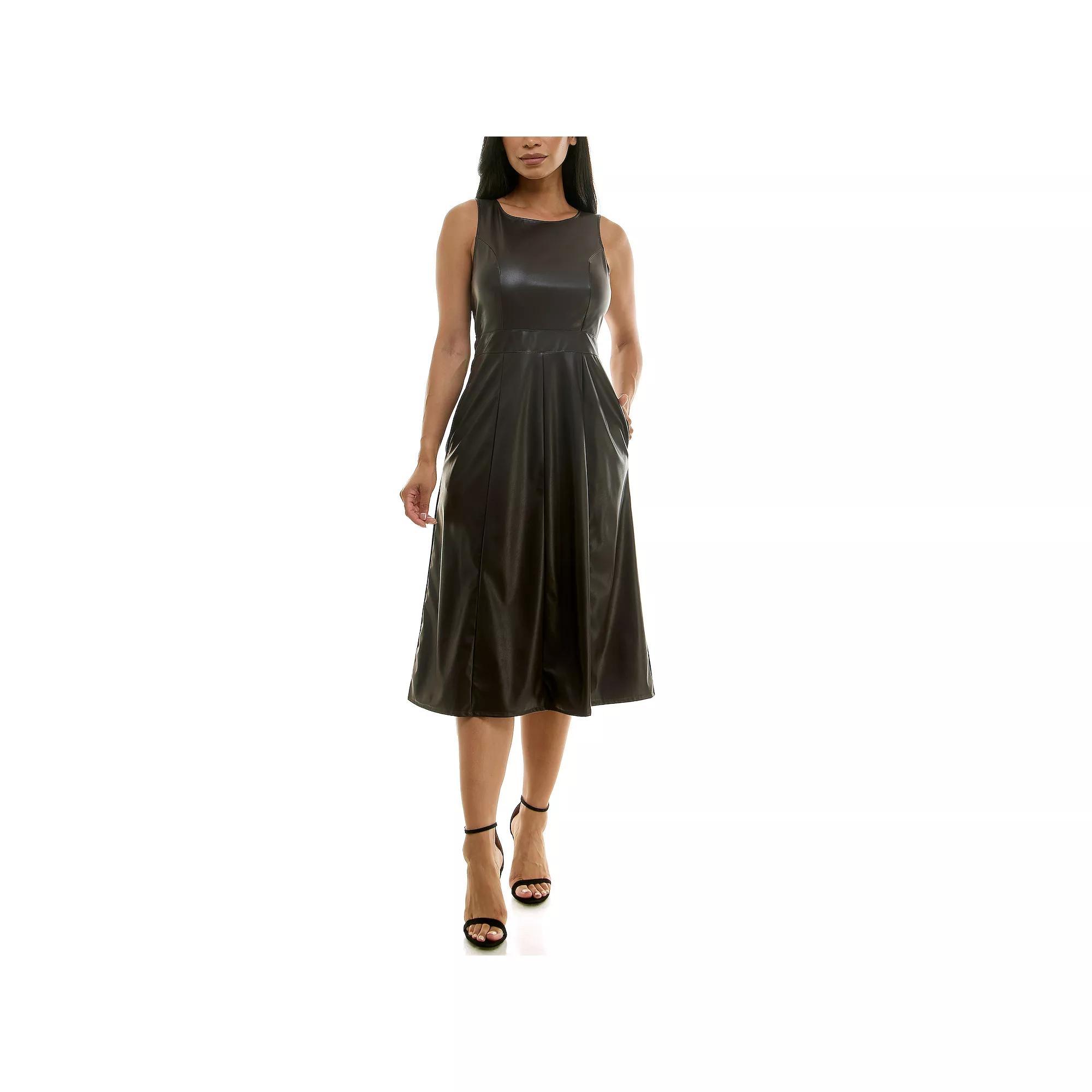 Womens Nina Leonard Faux Leather Fit & Flare Midi Dress Product Image