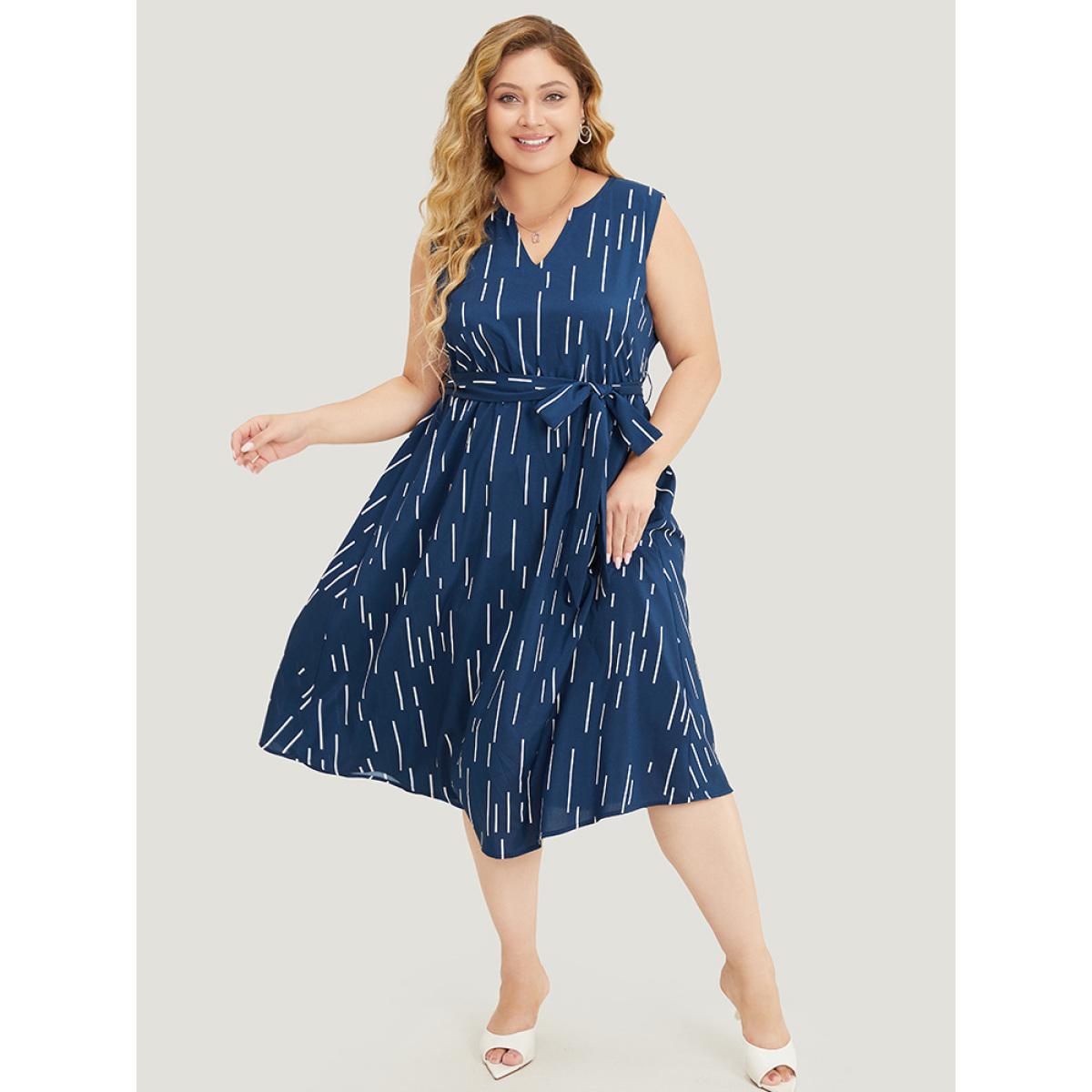 Plus Size Geometric Pocket Ruffle Hem Belted Notched Neck Tank Dress DarkBlue Women Office Cross straps Notched collar Sleeveless Curvy Midi Dress BloomChic 30/6X Product Image
