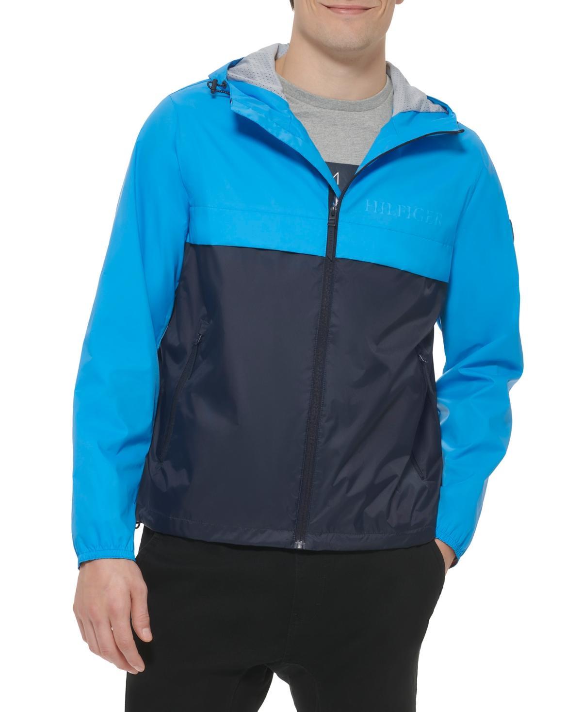 Men's Tommy Hilfiger Logo Patch Hooded Rain Jacket, Size: Medium, Blue Stripe Product Image