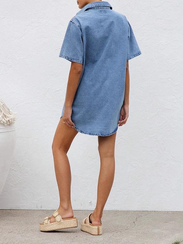 Loose Short Sleeves Split-Joint Lapel Mini Dresses Shirt Dress Product Image