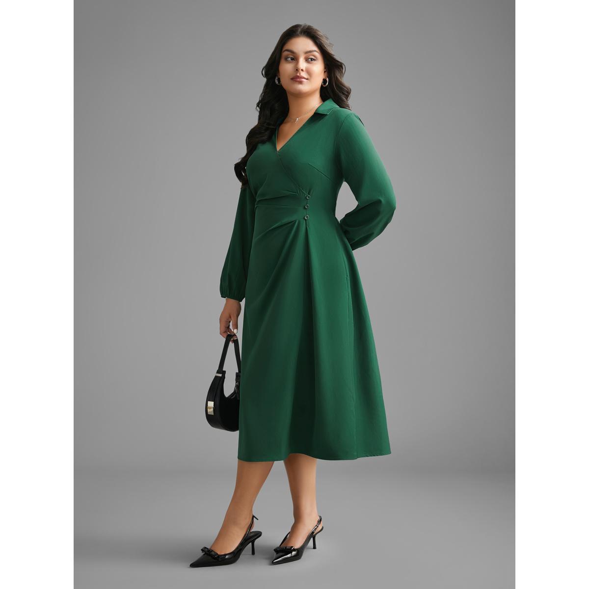 Plus Size Shirt Collar Pleated Button Detail Dress ArmyGreen Women At the Office Pleated Shirt collar Long Sleeve Curvy BloomChic 28/5X Product Image
