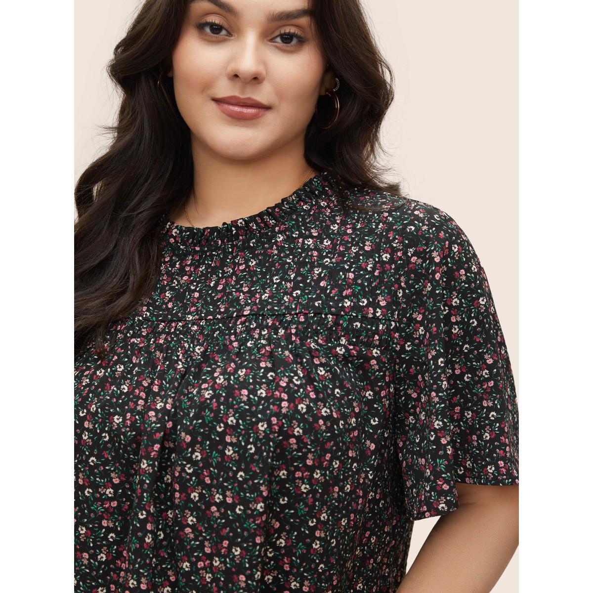Plus Size Black Ditsy Floral Plicated Detail Frill Trim Blouse Women Elegant Short sleeve Round Neck Everyday Blouses BloomChic 30/6X Product Image