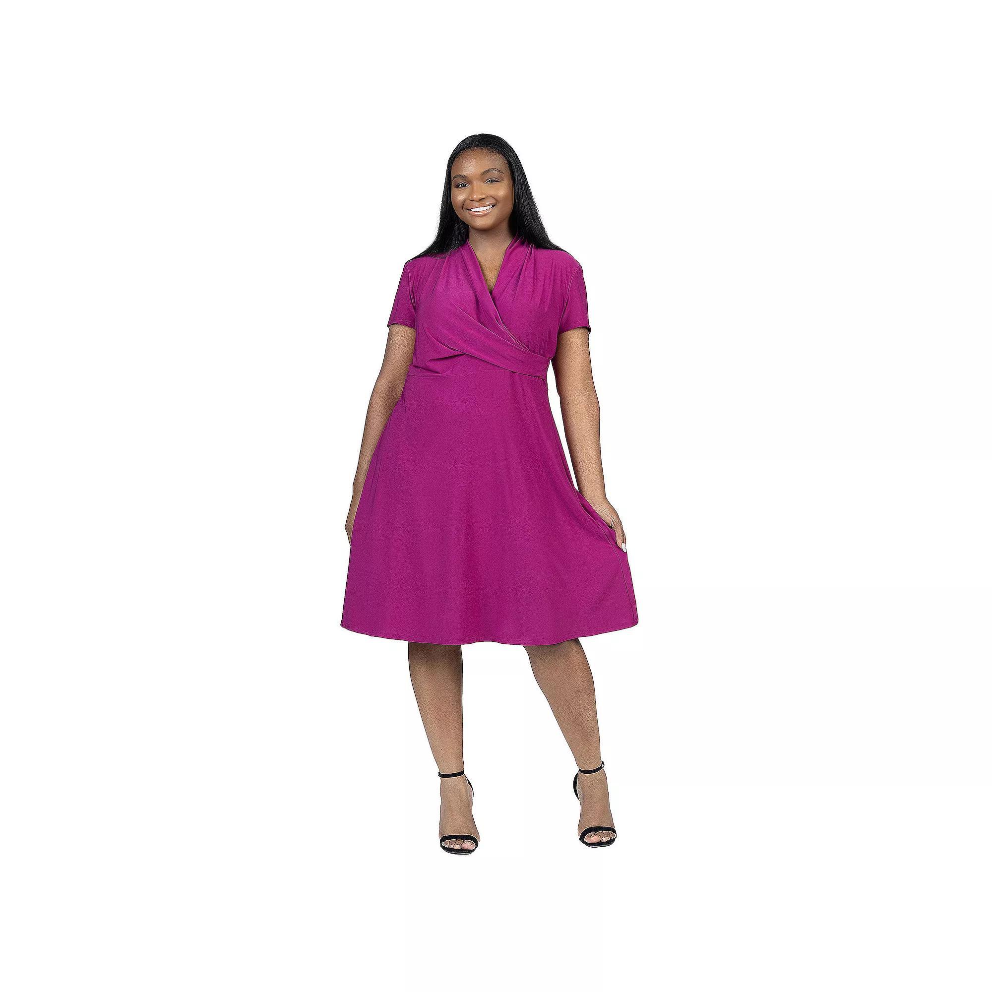 Plus Size 24Seven Comfort Apparel Print Short Sleeve Knee Length V Neck Rouched Wrap Dress, Women's, Size: 1XL, Blue Product Image