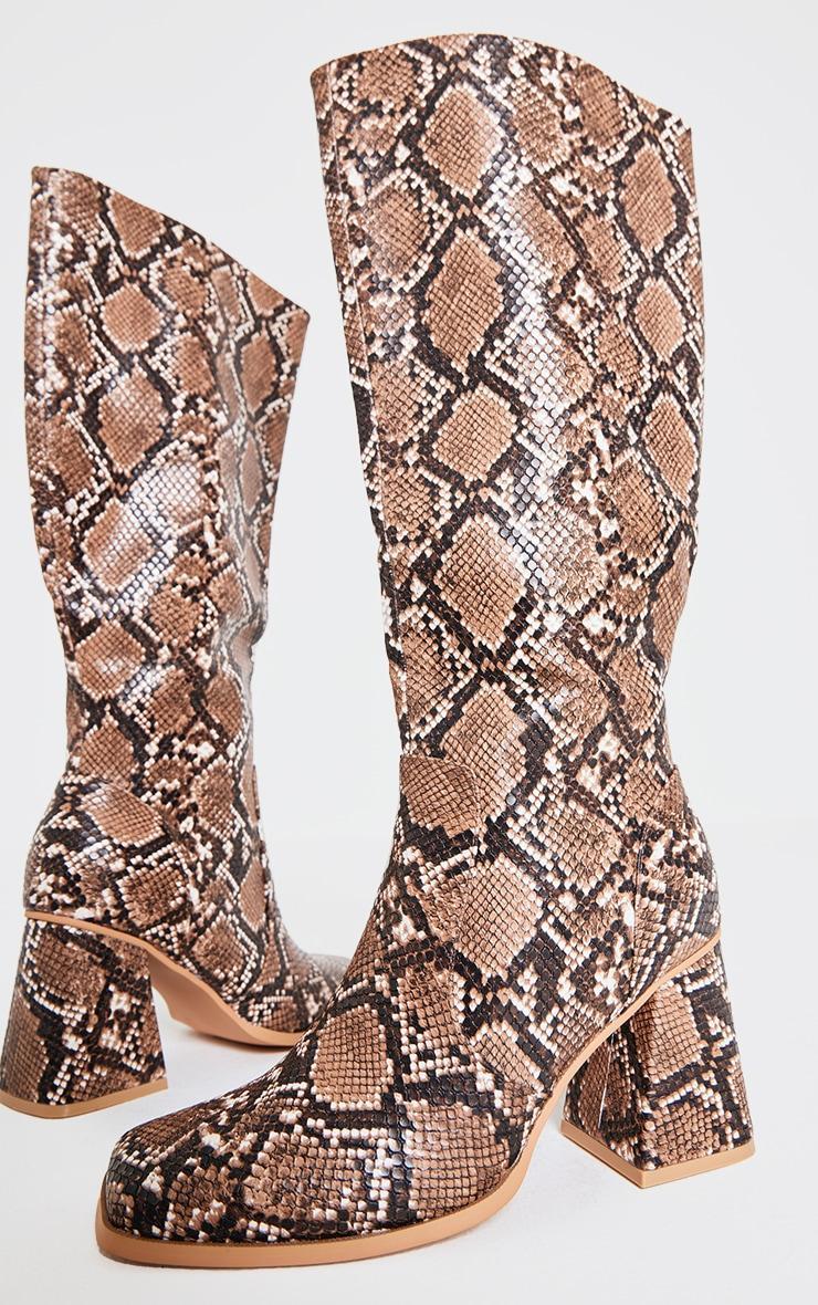 Snake Pu Wide Fit Round Toe Knee High Heeled Boots Product Image