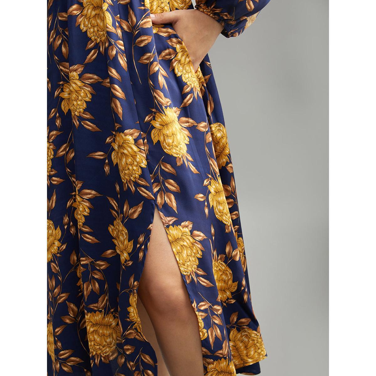 Plus Size Floral Elastic Waist Wrap Split Hem Dress DarkBlue Women Elegant Elastic cuffs Overlap Collar Long Sleeve Curvy Midi Dress BloomChic 26/4X Product Image