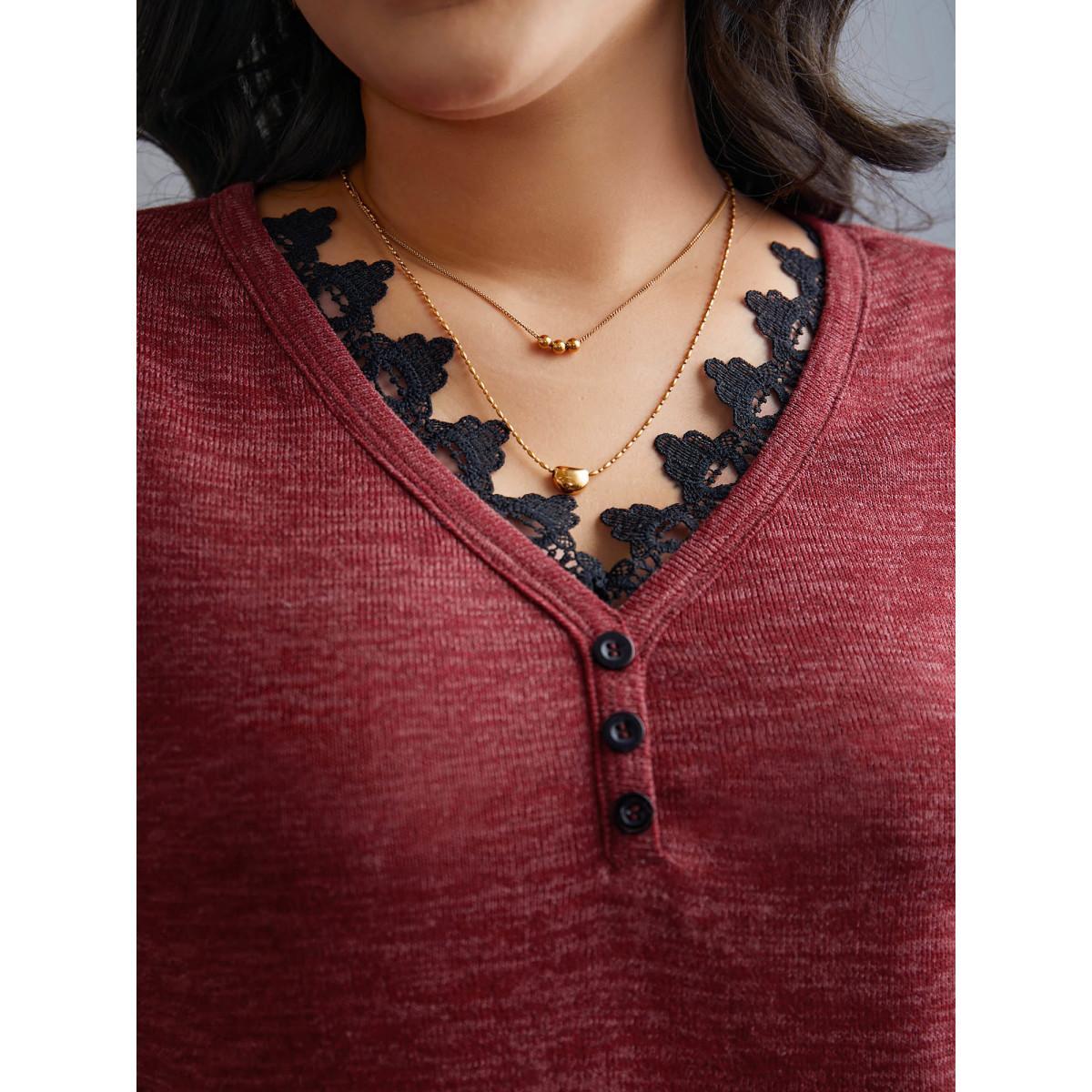 Plus Size V Neck Lace Trim Stitch Button Detail T-Shirt Deepred Women Elegant Woven ribbon&lace trim V-neck Everyday T-shirts BloomChic 18-20/2X Product Image