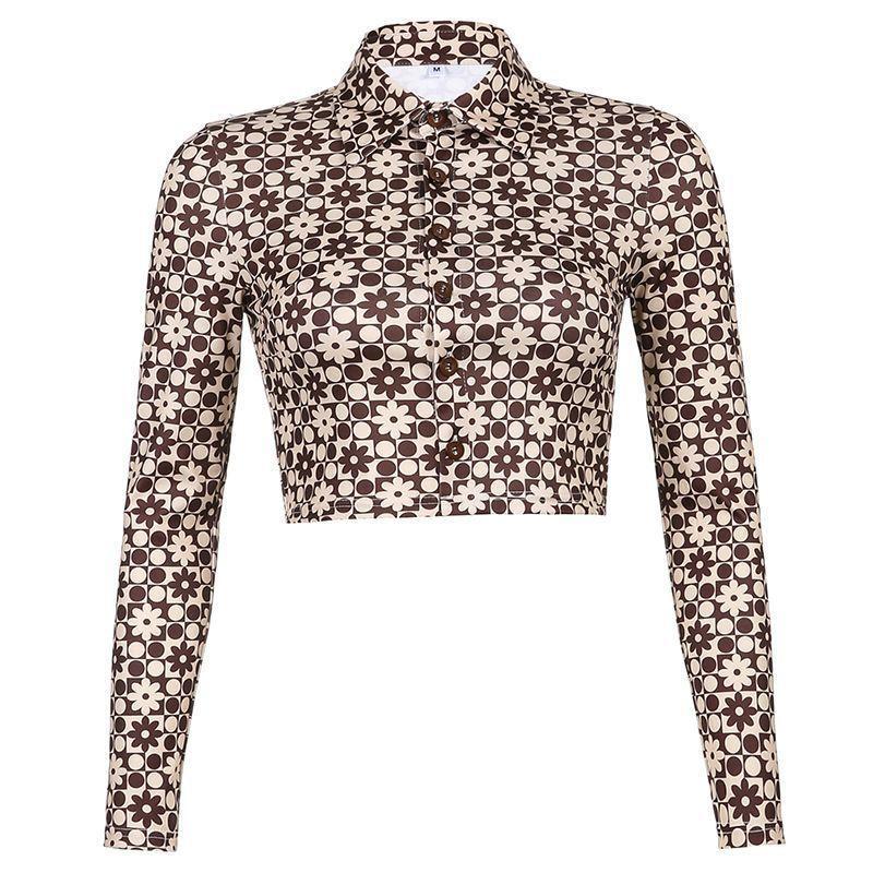 Long Sleeve Collared Printed Cropped Shirt Product Image