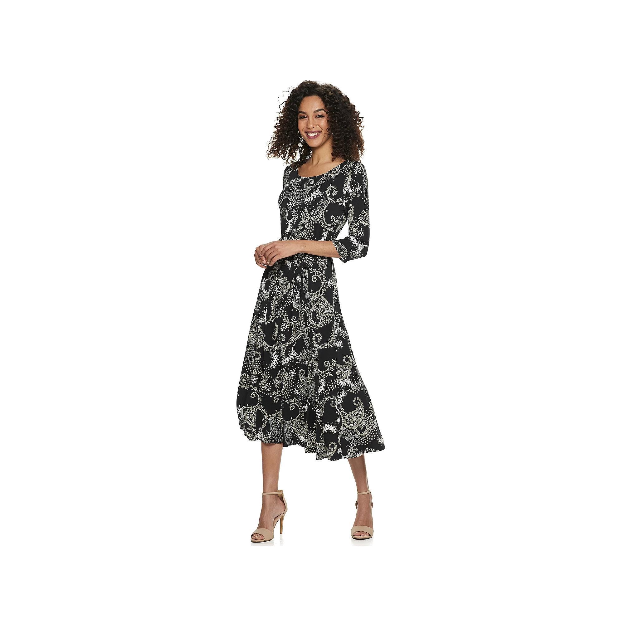 Women's Nina Leonard Belted 3/4 Sleeve Print Midi Dress, Size: Small, Beige Paisley Product Image