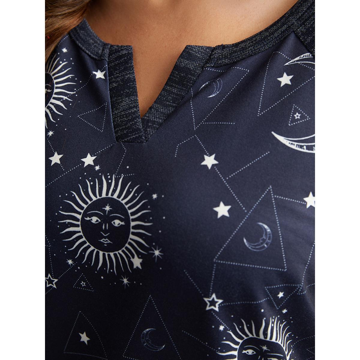 Plus Size Halloween Moon & Star Notched Raglan Sleeve Sweatshirt Women Indigo Casual Elastic cuffs Notched collar Festival-Halloween Sweatshirts BloomChic 18-20/2X Product Image