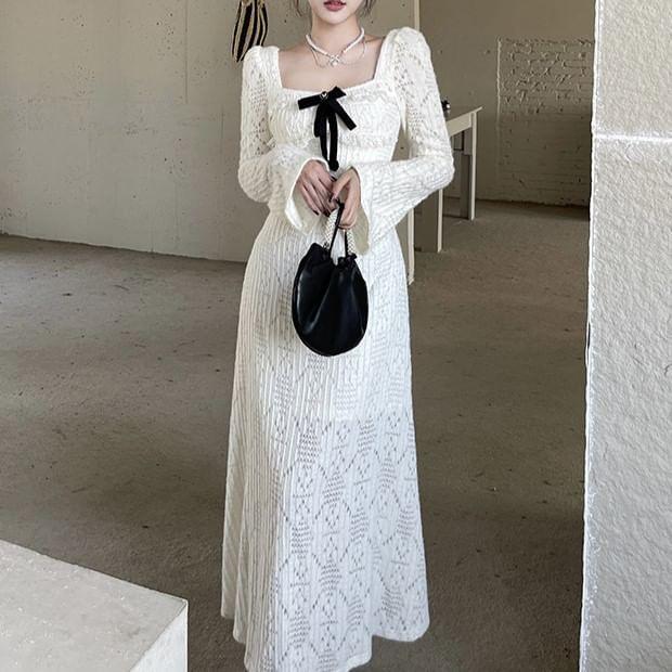 Flared-Cuff Square-Neck Bow Midi A-Line Lace Dress (Various Designs) Product Image