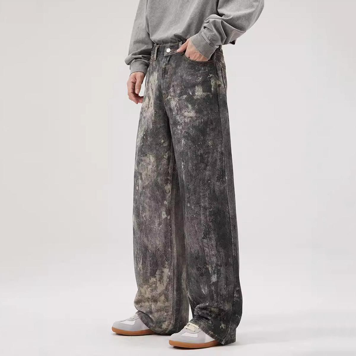 Men's Digital Print Gray And Black Baggy Jeans Product Image