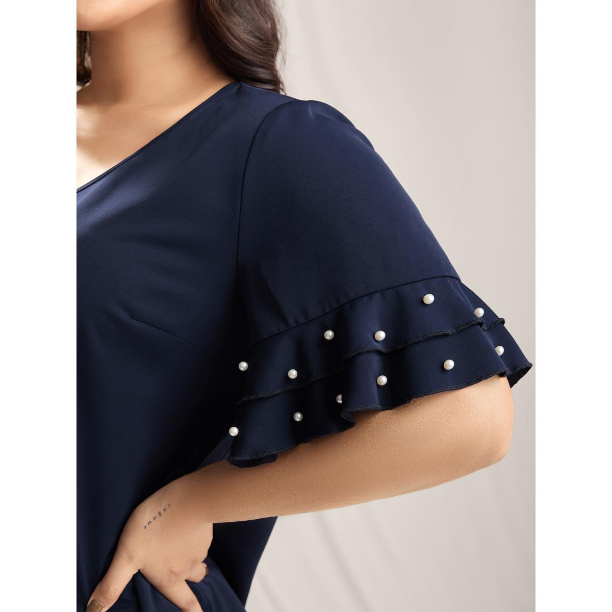 Plus Size Indigo Beaded Layered Sleeve Plain Blouse Women Short sleeve V-neck Everyday-Elegant Blouses BloomChic 28/5X Product Image