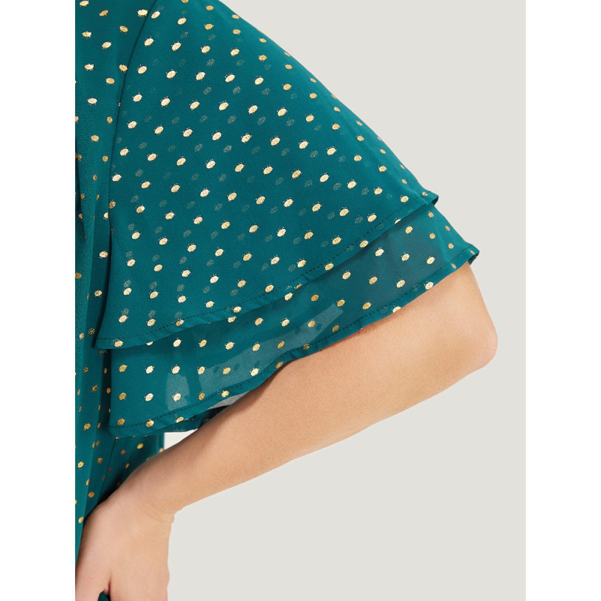 Plus Size DarkGreen Polka Dot Glitter Tiered Sleeve Pleated Keyhole Chain Neck Blouse Women Party Short sleeve Round Neck Going out Blouses BloomChic 12/L Product Image