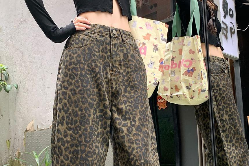 Mid Waist Leopard Loose-Fit Pants Product Image