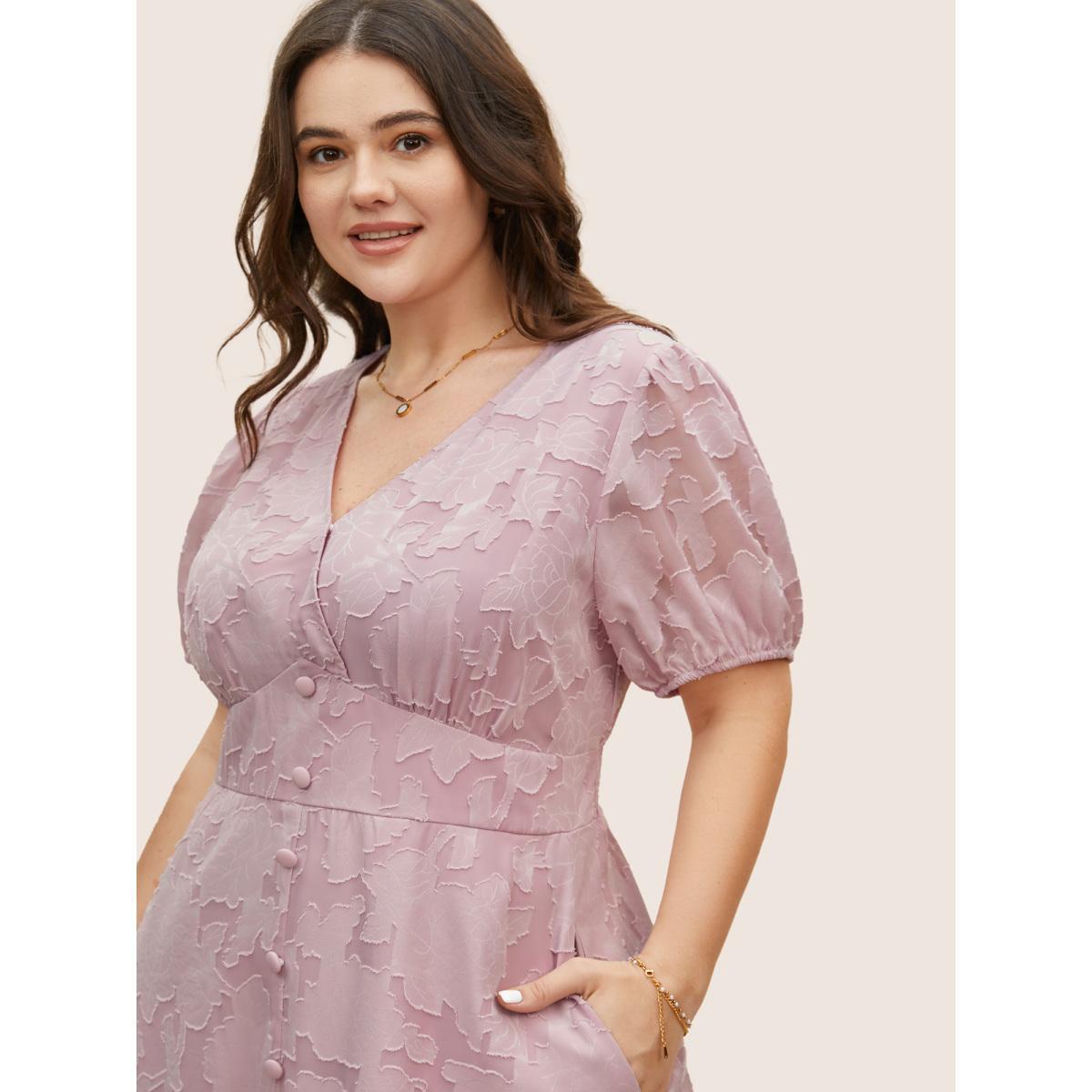 Plus Size Solid Textured Lantern Sleeve Button Detail Dress Lightpink Women Elegant Button V-neck Short sleeve Curvy BloomChic 18-20/2X Product Image