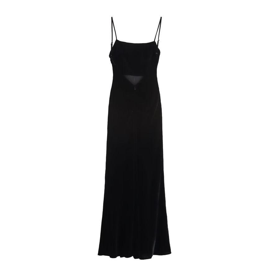 Spaghetti Strap Plain Open Back Ruched Velvet Maxi Sheath Dress Product Image