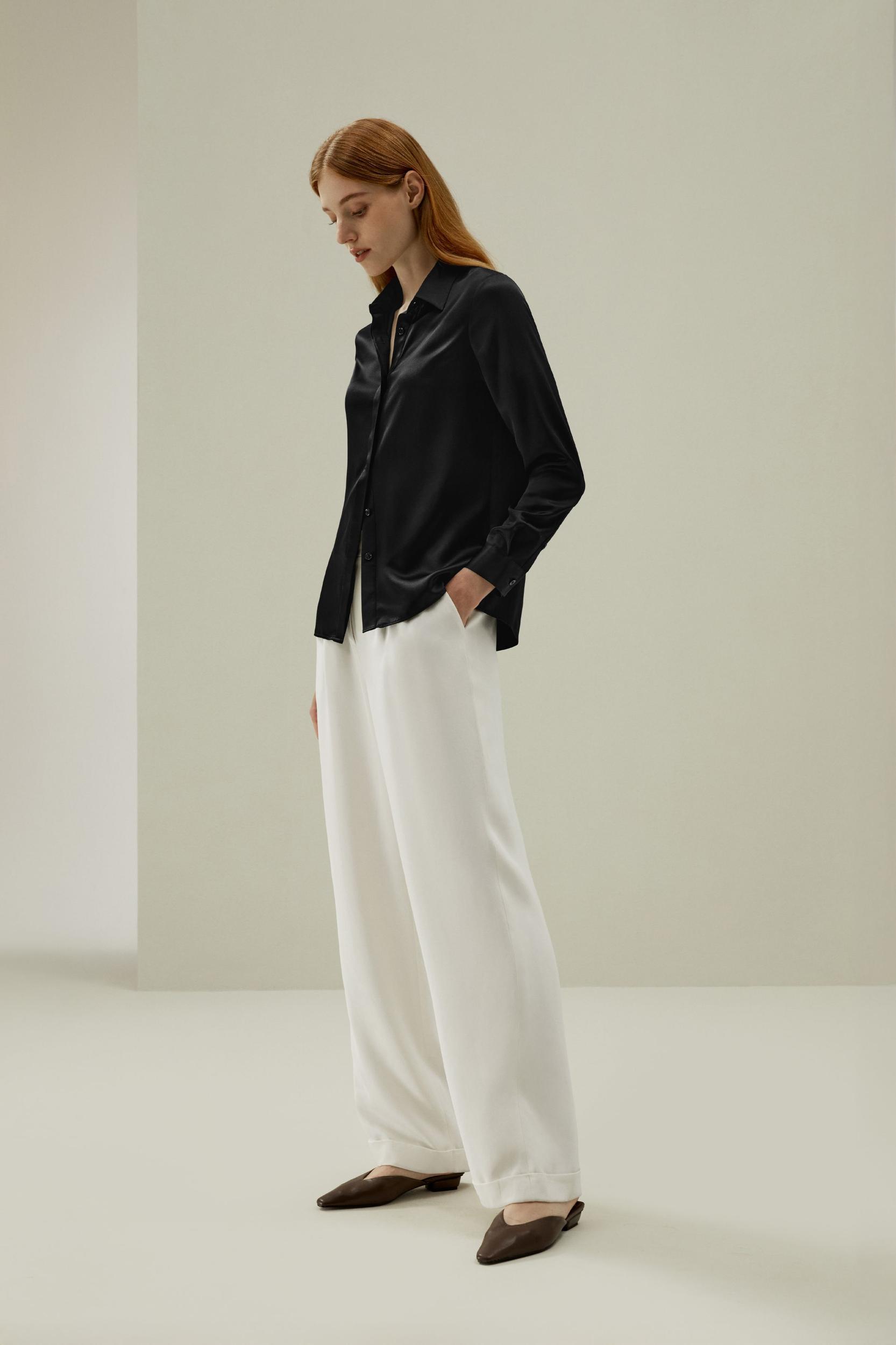 Basic Concealed Placket Silk Shirt Product Image