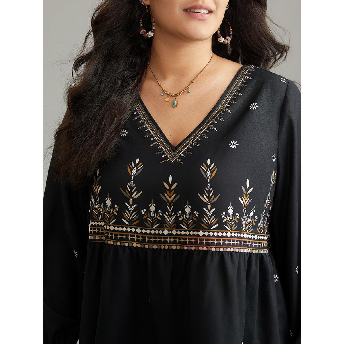 Plus Size Black Boho Print Lantern Sleeve Gathered Blouse Women Vacation Long Sleeve V-neck Vacation Blouses BloomChic 26/4X Product Image