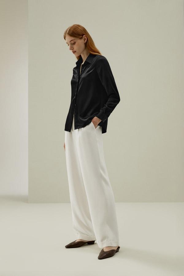 Basic Concealed Placket Silk Shirt Product Image