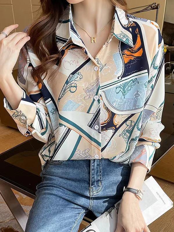 Long Sleeves Loose Buttoned Printed Split-Joint Lapel Blouses&Shirts Tops Product Image
