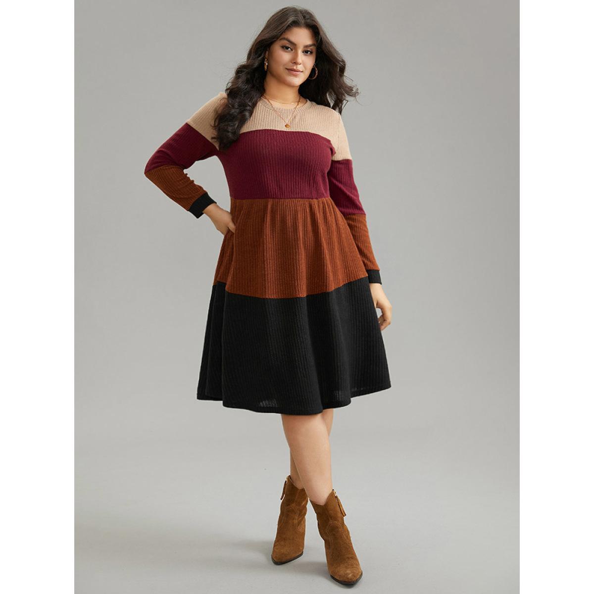 Plus Size Colorblock Rib Knit Pocket Patchwork Dress Multicolor Women Casual Rib Knit Round Neck Long Sleeve Curvy Knee Dress BloomChic 30/6X Product Image