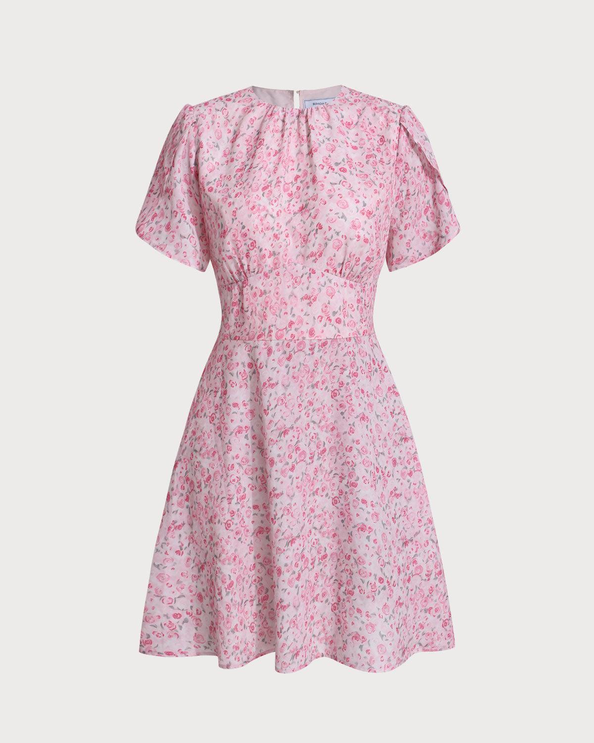 Pink Floral Round Neck Pleated Mini Dress Product Image