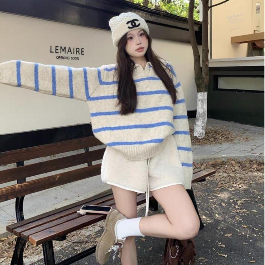 Long-Sleeve Striped Polo-Neck Sweater Product Image