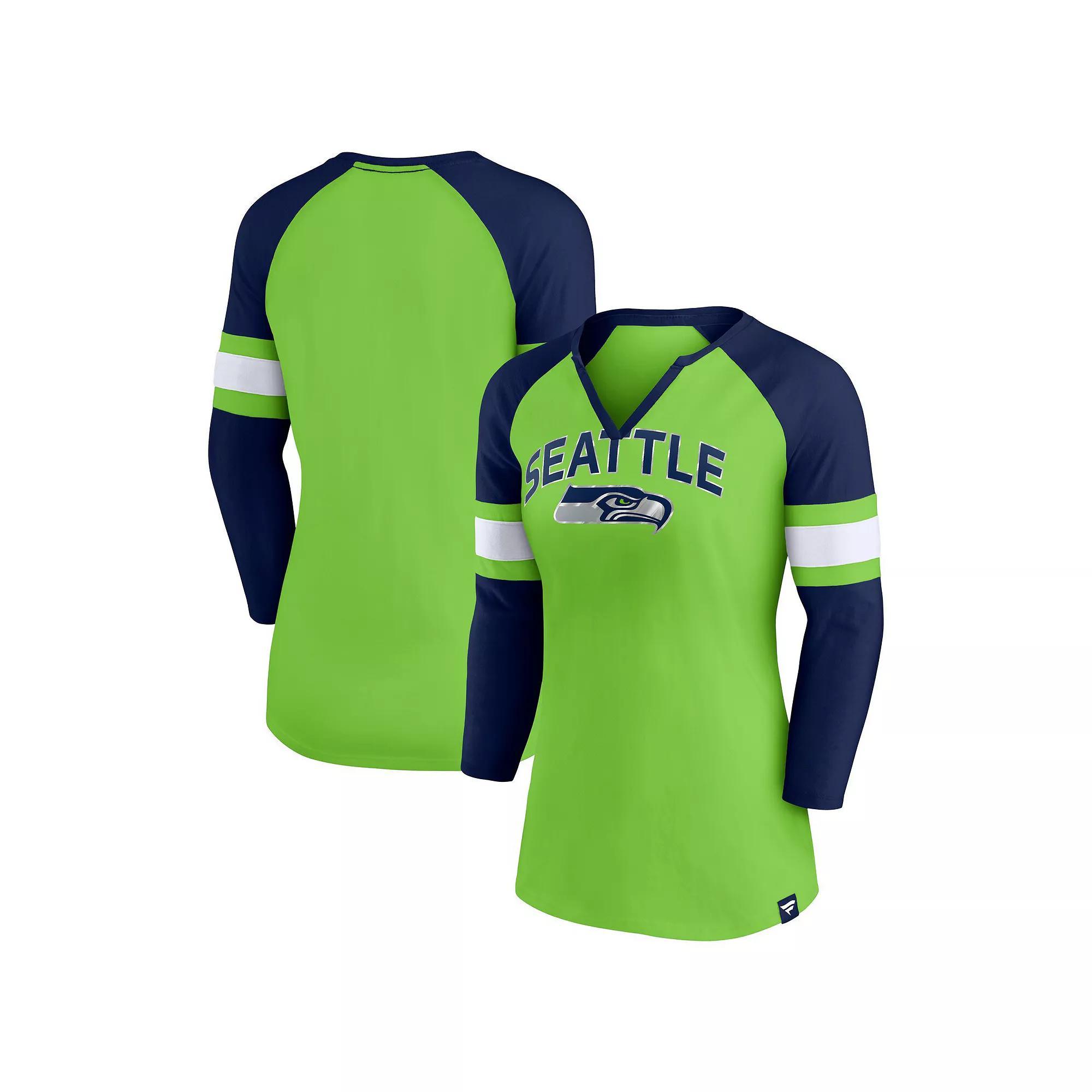 Women's Fanatics Branded Neon Green/College Navy Seattle Seahawks Arch Raglan 3/4-Sleeve Notch Neck T-Shirt, Size: XS, Brt Gr Product Image
