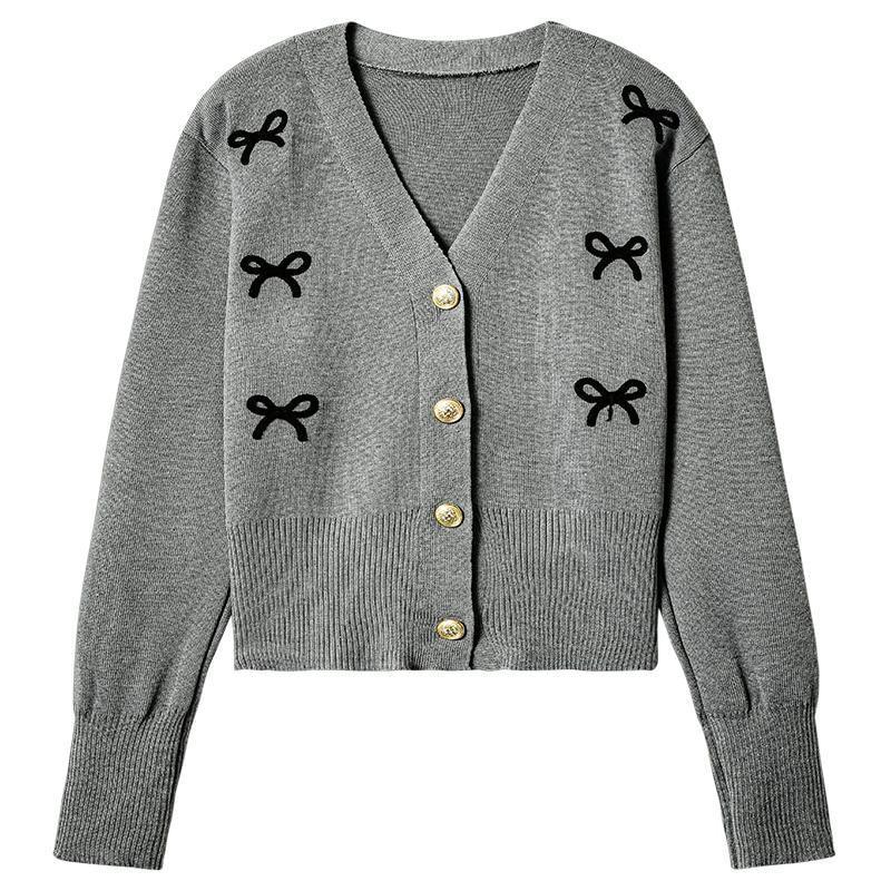 V-Neck Bow Jacquard Button-Up Cardigan Product Image