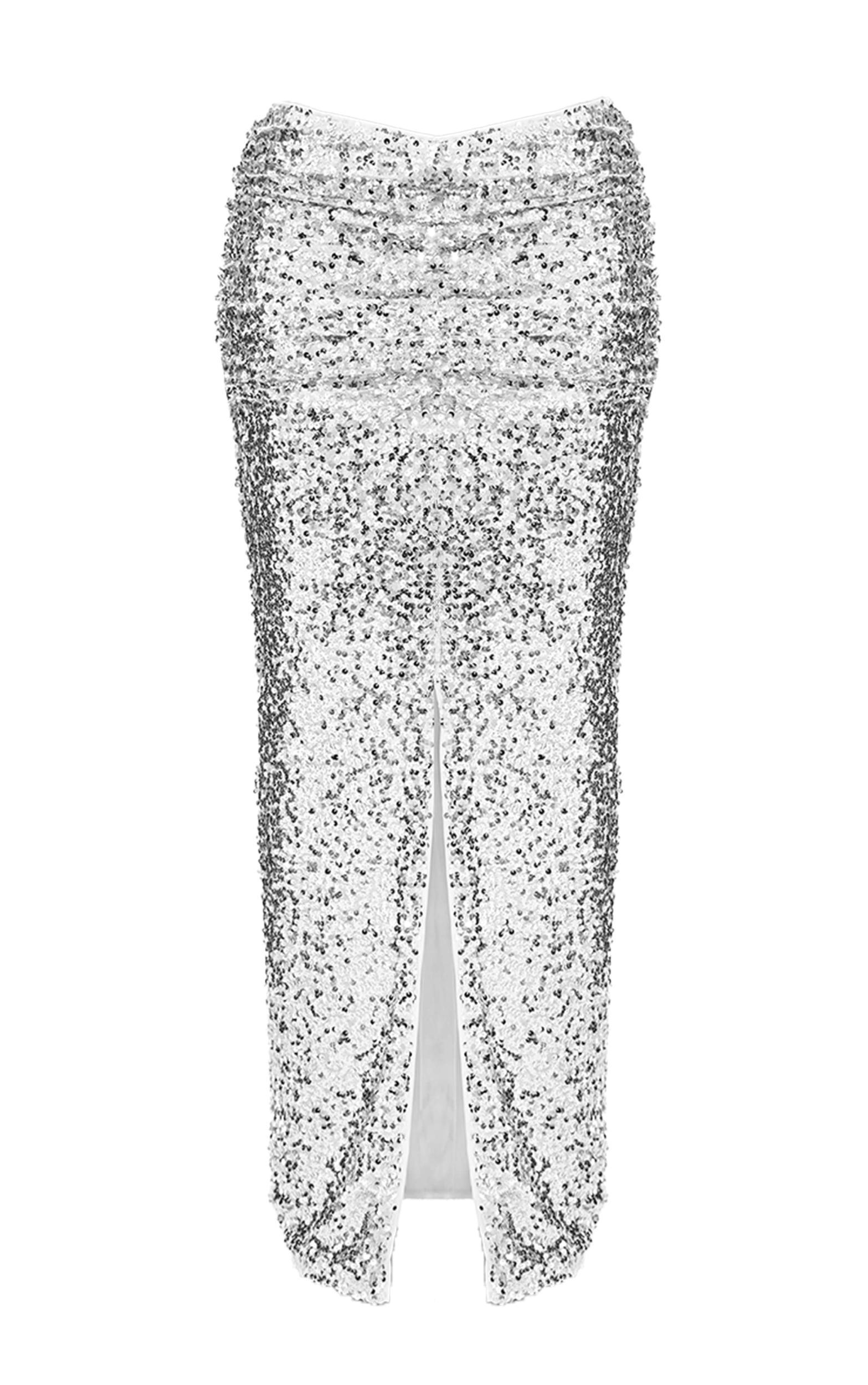 Silver Sequin Ruched Waist Maxi Skirt Product Image