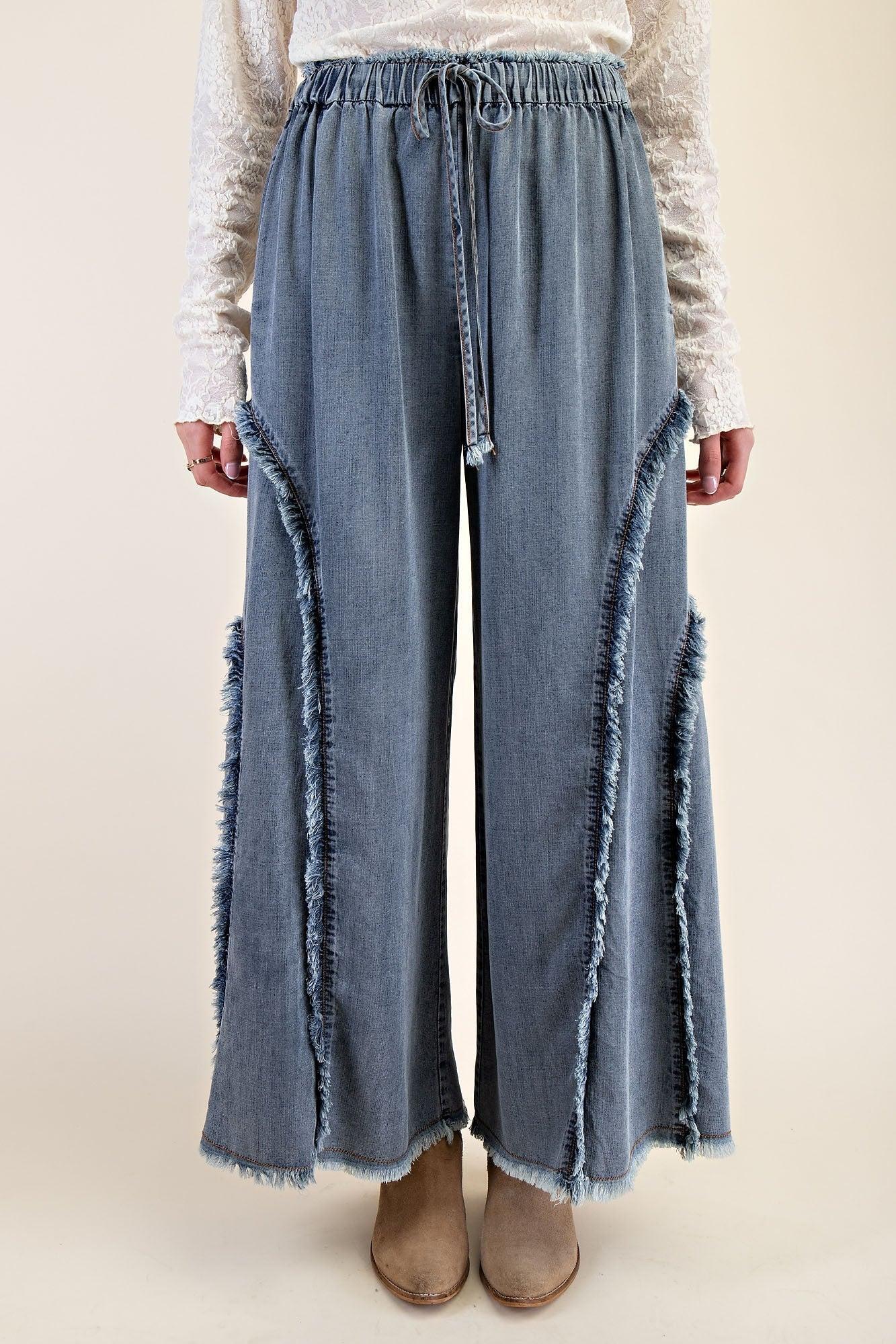 Fringe Washed Denim Wide Loose Fit Pants Product Image